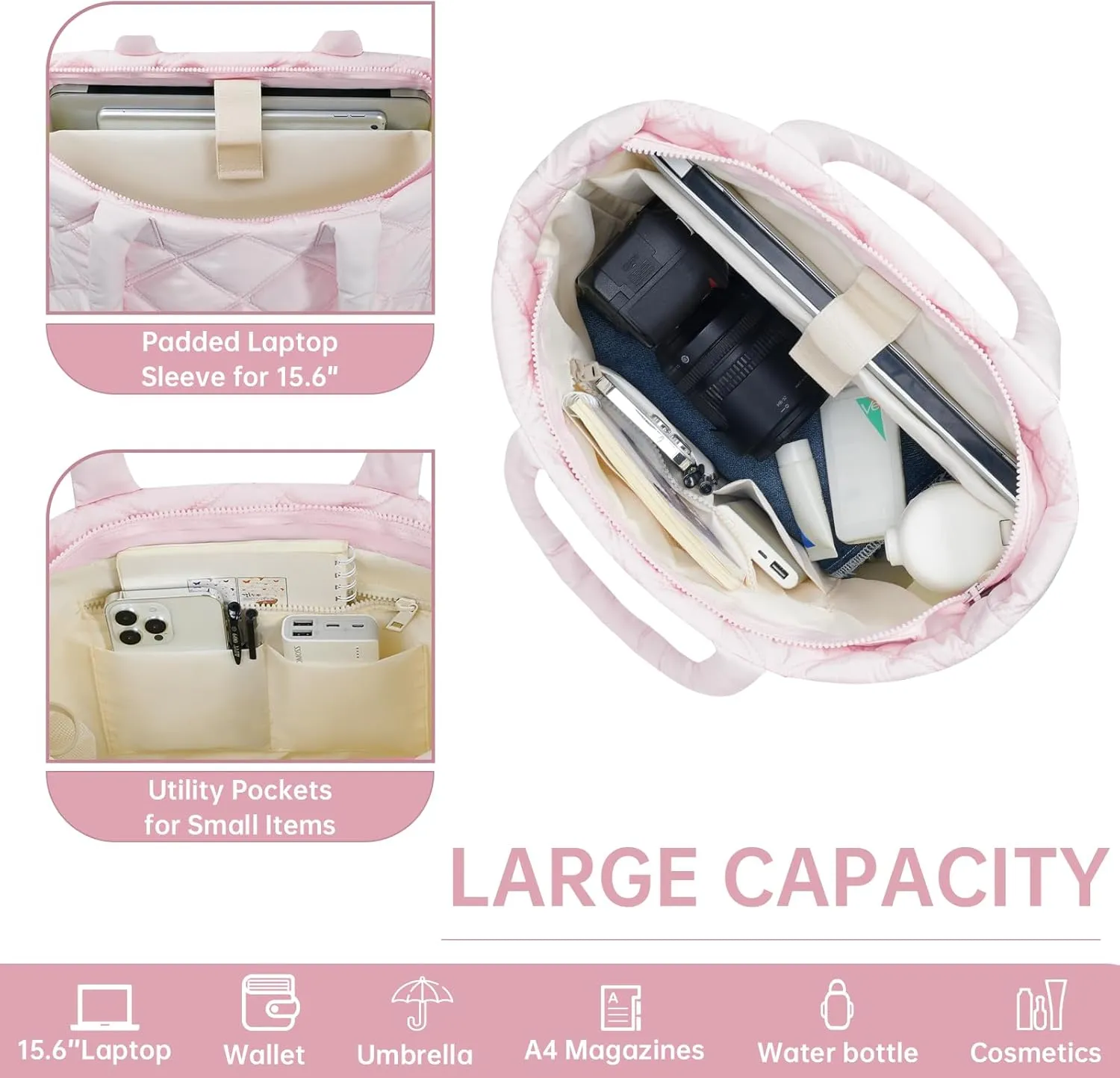 Tote Bag for Women, Puffer Bag with 15.6 Inch Compartment and Multi Pocket for Travel, Work, Gym