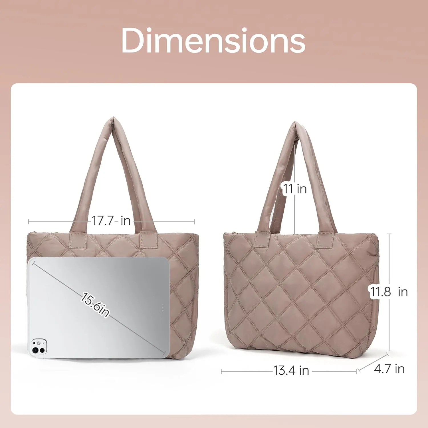 Tote Bag for Women, Puffer Tote Bag with Zipper Quilted Shoulder Bag Handbags with Compartments for Women Travel Work Brown