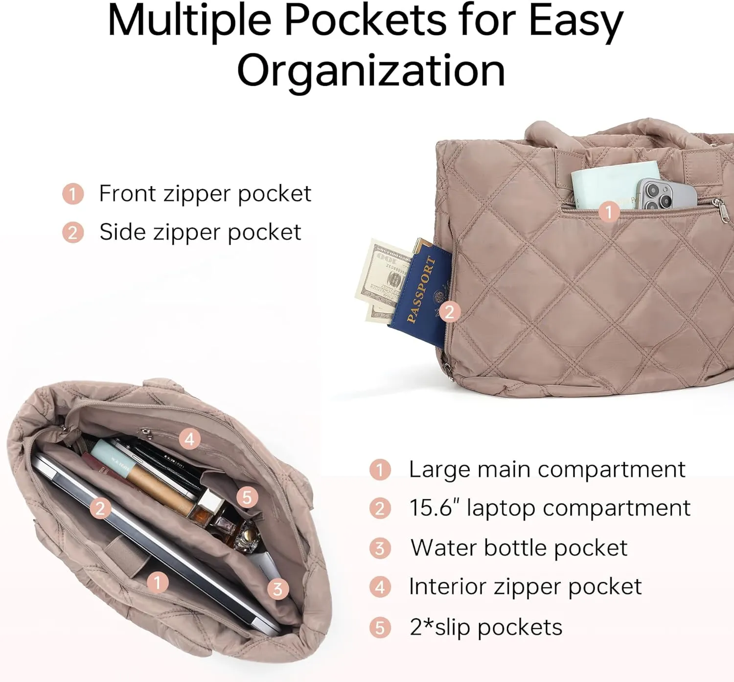 Tote Bag for Women, Puffer Tote Bag with Zipper Quilted Shoulder Bag Handbags with Compartments for Women Travel Work Brown