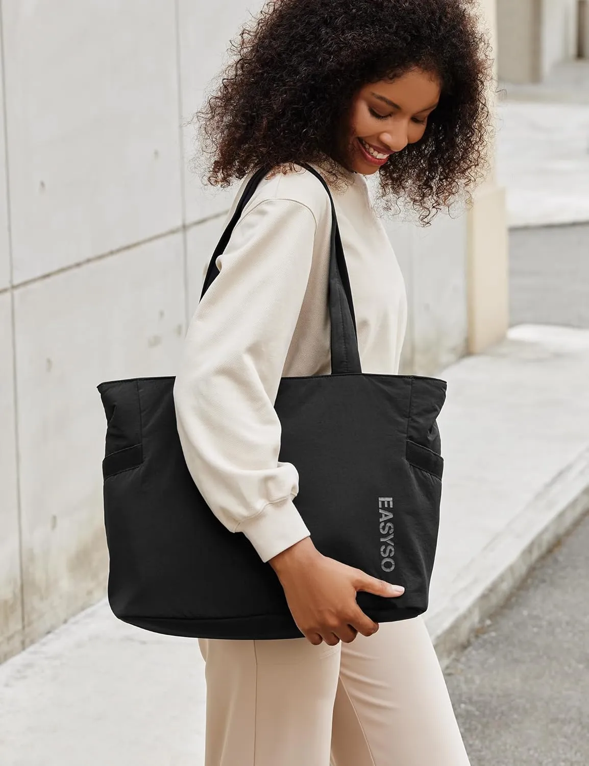 Tote Bag for Women,Puffer Travel Tote Bags with Zipper, Quilted Handbag with Compartments for Travel Work Sport, Black