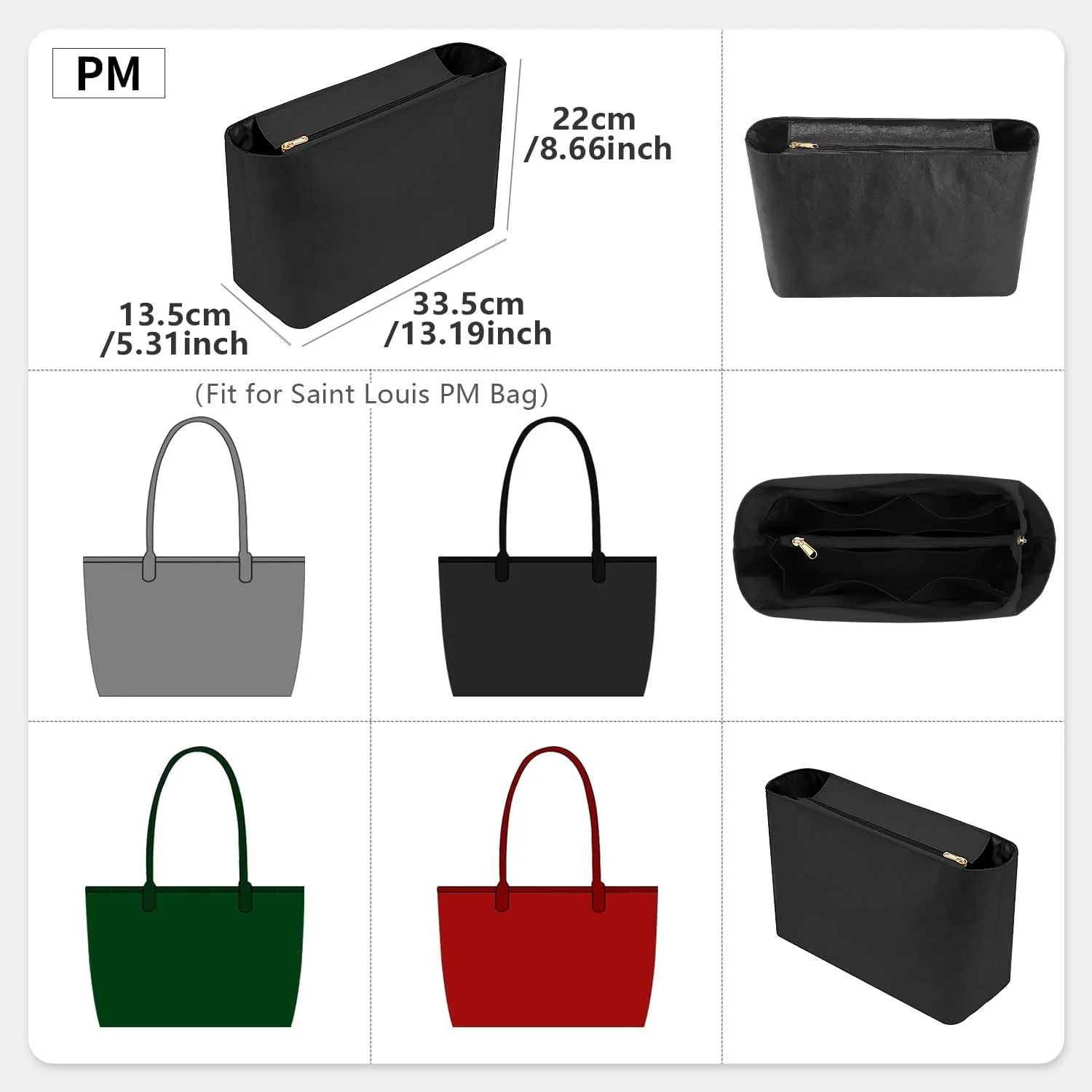 Tote Bag Organizer Insert, Purse Inner Suit for PM HandBag, Makeup Liner HandBag Shaper (Black, PM)