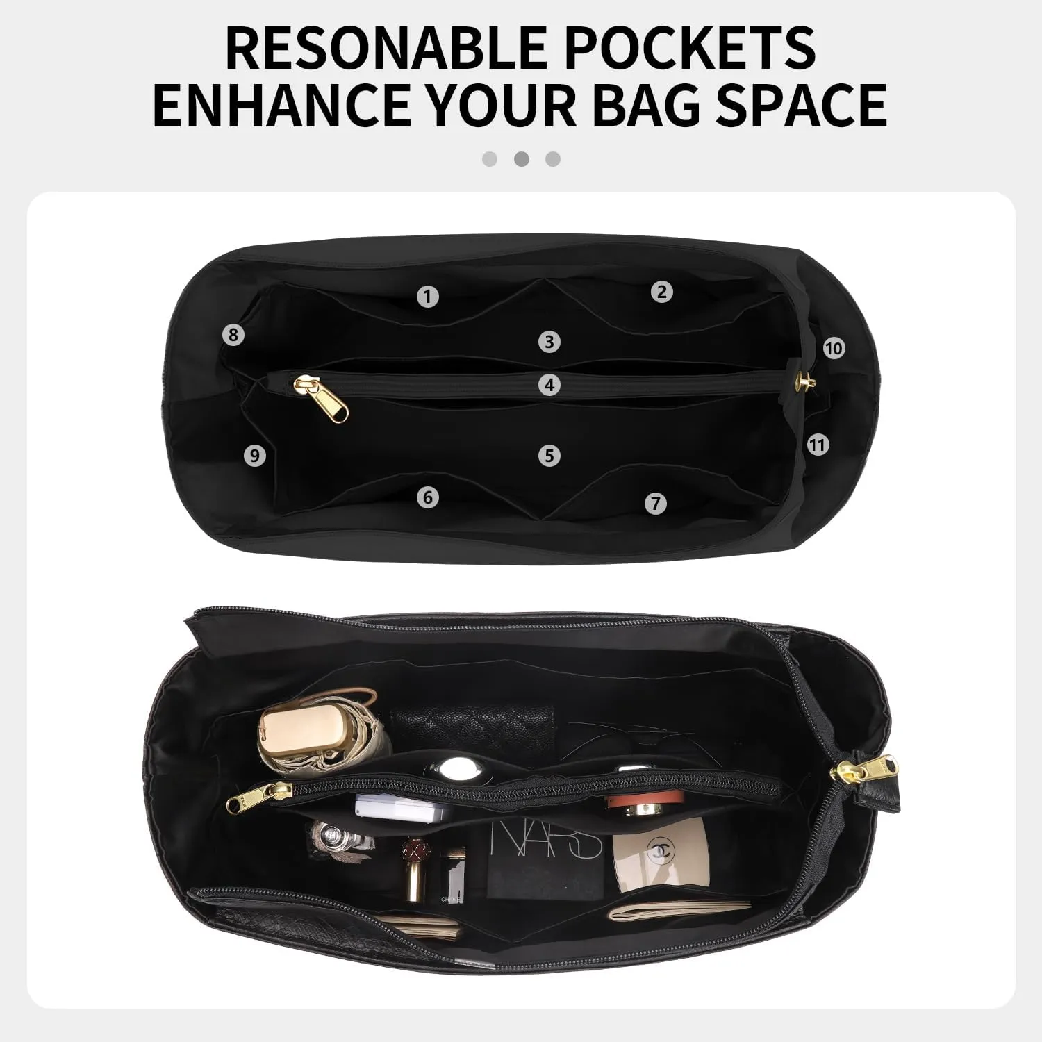 Tote Bag Organizer Insert, Purse Inner Suit for PM HandBag, Makeup Liner HandBag Shaper (Black, PM)