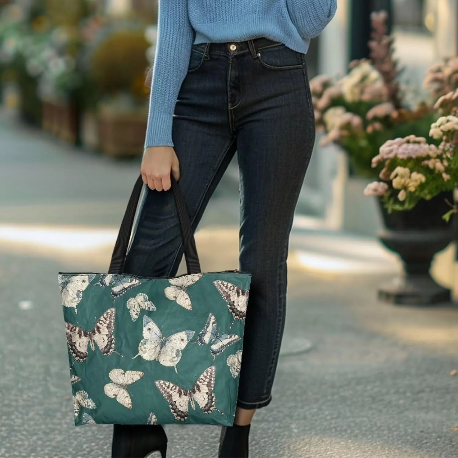 Tote Paper Bag USA Flag Shoulder Bag with Zippers, Jeans Pocket Puppy Large Shopping Beach Bags Handle Book Tote