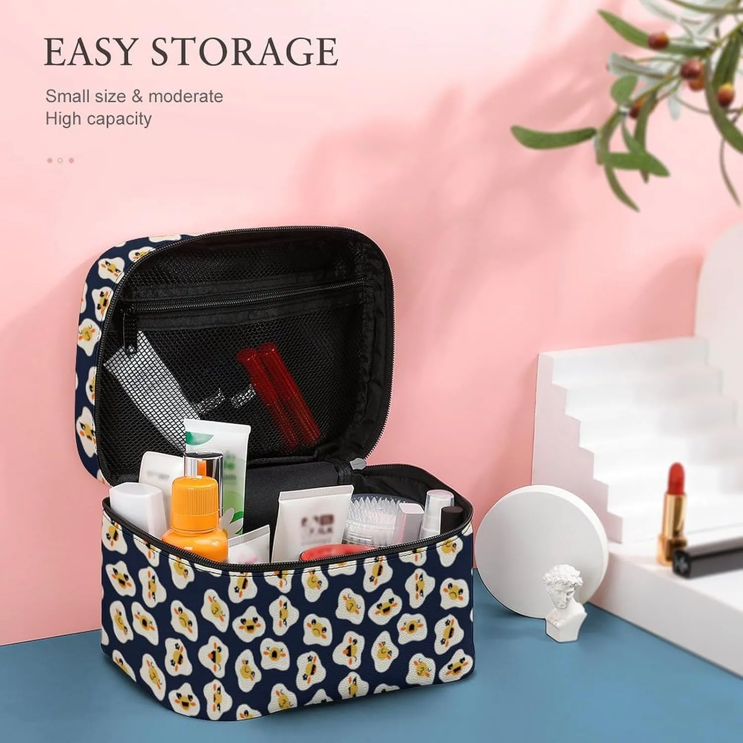 Travel Make Up Bag For Men Womens Cartoon Cute Fried Eggs Cosmetic Bags With Compartments Handle Wedding Party Large Capacity Waterproof Skincare Toiletry Makeup Box Organizer