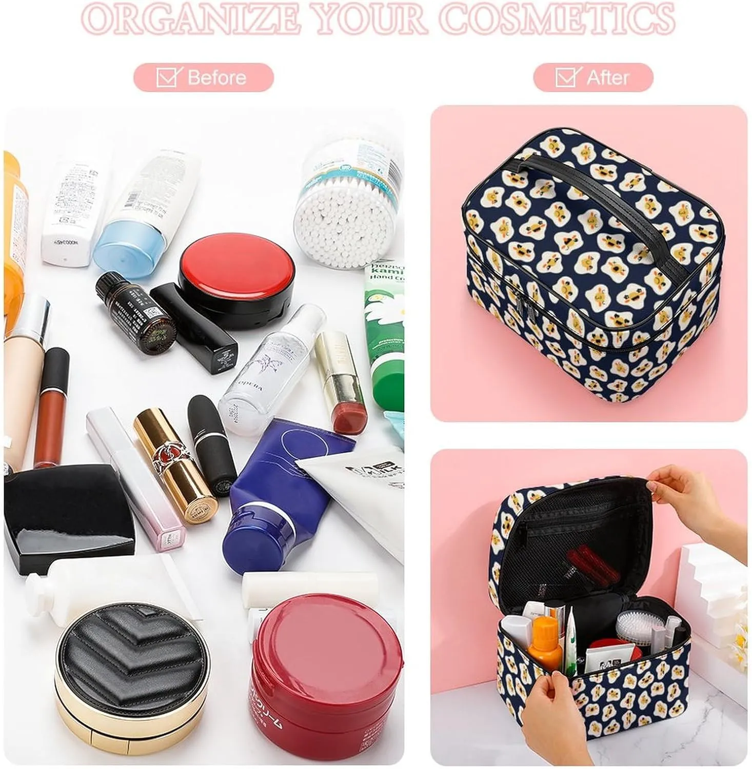 Travel Make Up Bag For Men Womens Cartoon Cute Fried Eggs Cosmetic Bags With Compartments Handle Wedding Party Large Capacity Waterproof Skincare Toiletry Makeup Box Organizer