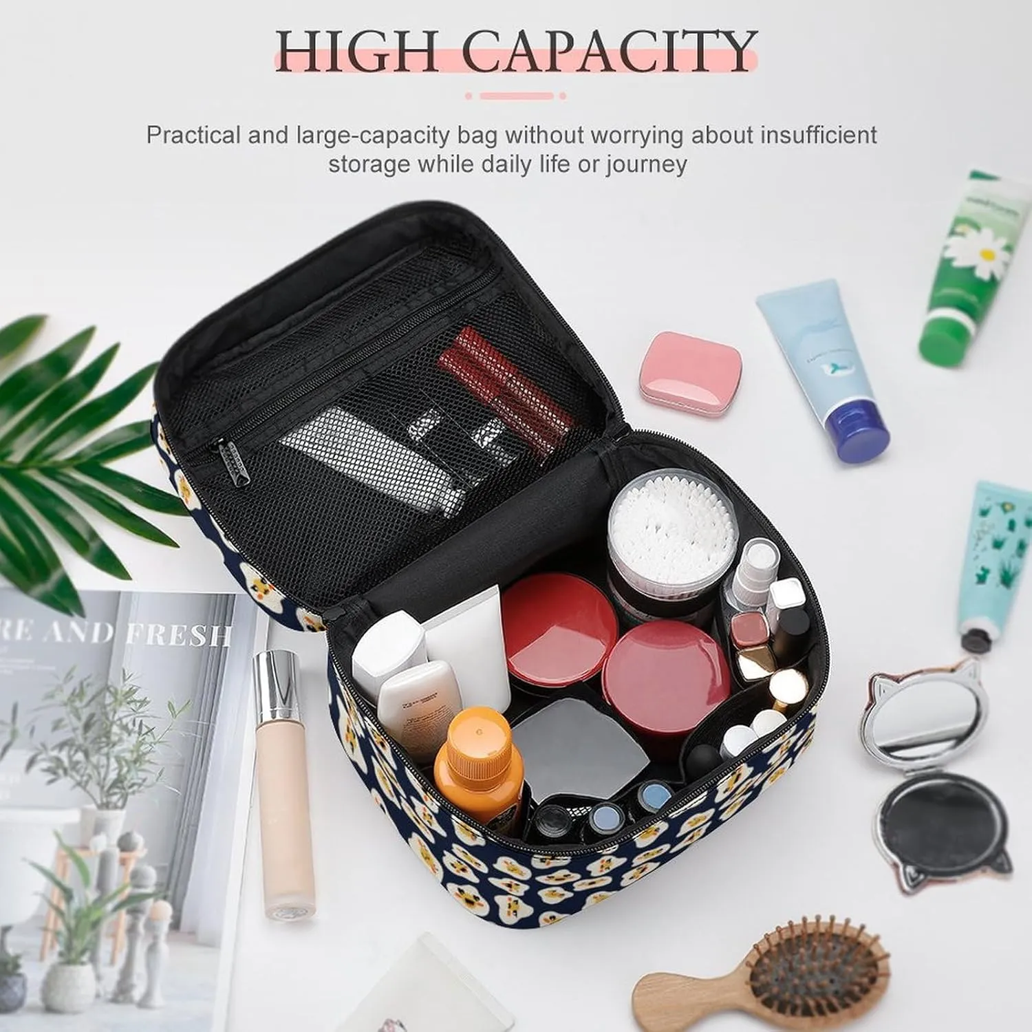 Travel Make Up Bag For Men Womens Cartoon Cute Fried Eggs Cosmetic Bags With Compartments Handle Wedding Party Large Capacity Waterproof Skincare Toiletry Makeup Box Organizer