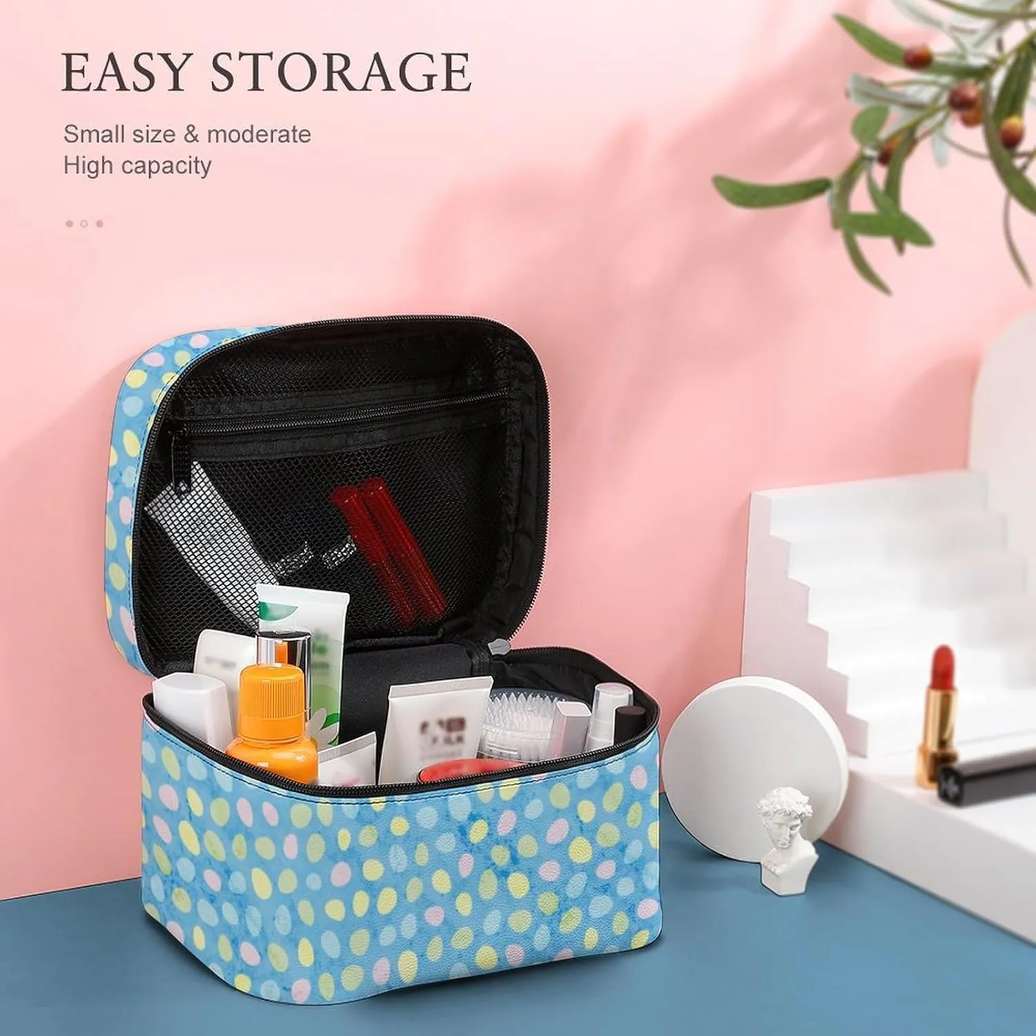 Travel Make Up Bag For Men Womens Cute Cartoon Eggs Blue Cosmetic Bags With Compartments Handle Wedding Party Large Capacity Waterproof Skincare Toiletry Makeup Box Organizer