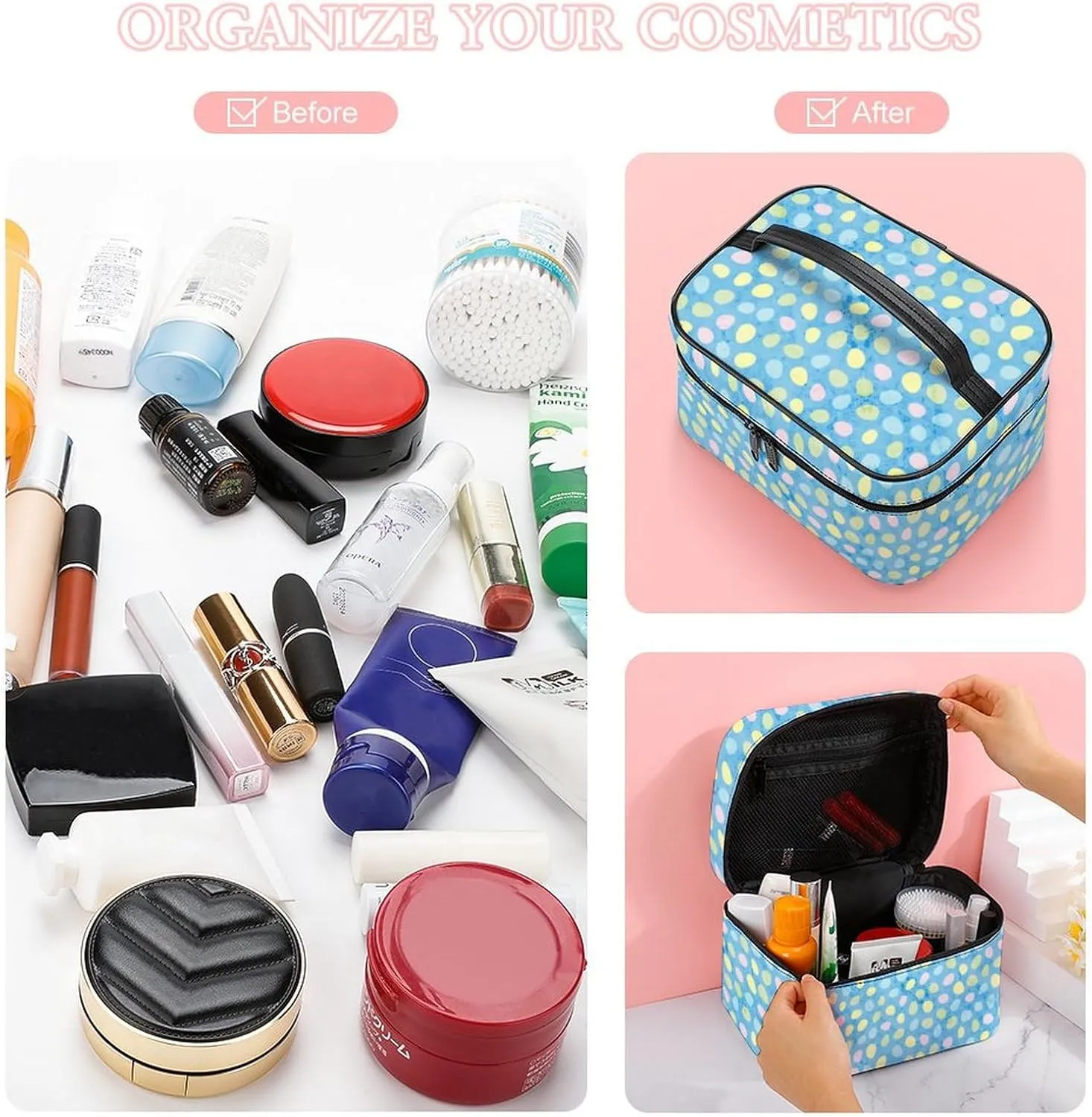 Travel Make Up Bag For Men Womens Cute Cartoon Eggs Blue Cosmetic Bags With Compartments Handle Wedding Party Large Capacity Waterproof Skincare Toiletry Makeup Box Organizer