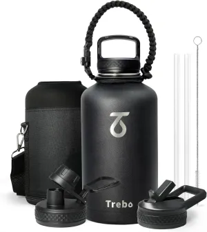 Trebo 64oz Water Bottle Insulated,Large Stainless Steel Water Jug with 3 Lids, Double Wall Vacuum Sports Thermos Keep Hot 24 Hours & Cold 48 Hours,Wide Mouth Flask,Black