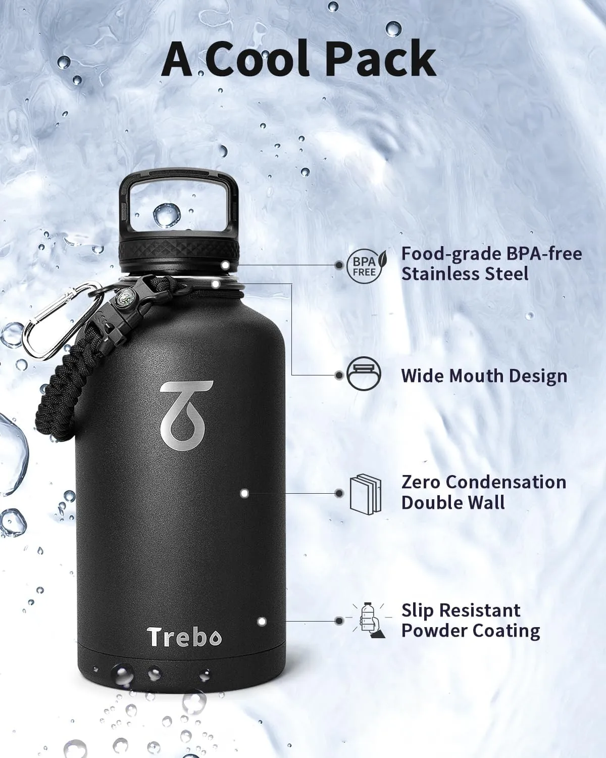 Trebo 64oz Water Bottle Insulated,Large Stainless Steel Water Jug with 3 Lids, Double Wall Vacuum Sports Thermos Keep Hot 24 Hours & Cold 48 Hours,Wide Mouth Flask,Black
