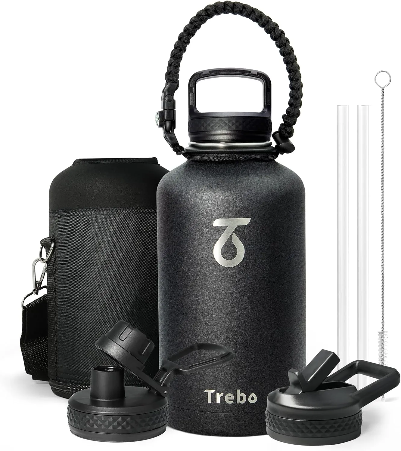 Trebo 64oz Water Bottle Insulated,Large Stainless Steel Water Jug with 3 Lids, Double Wall Vacuum Sports Thermos Keep Hot 24 Hours & Cold 48 Hours,Wide Mouth Flask,Black