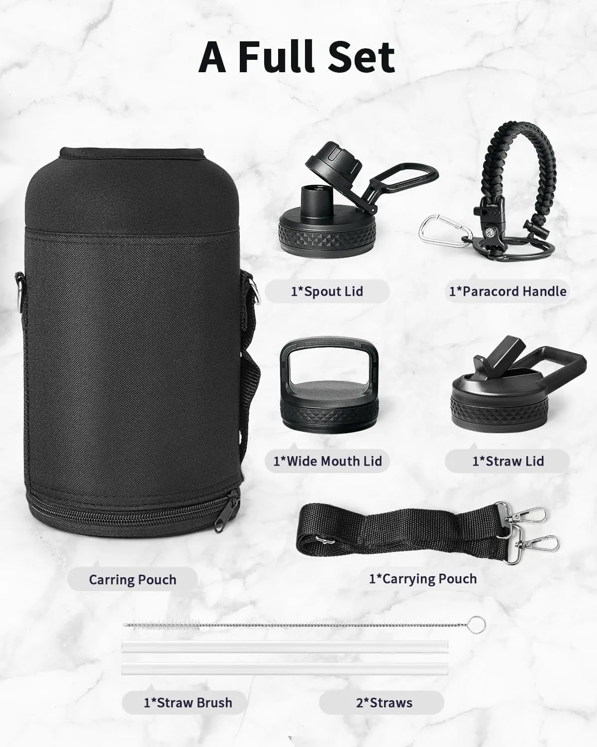 Trebo 64oz Water Bottle Insulated,Large Stainless Steel Water Jug with 3 Lids, Double Wall Vacuum Sports Thermos Keep Hot 24 Hours & Cold 48 Hours,Wide Mouth Flask,Black