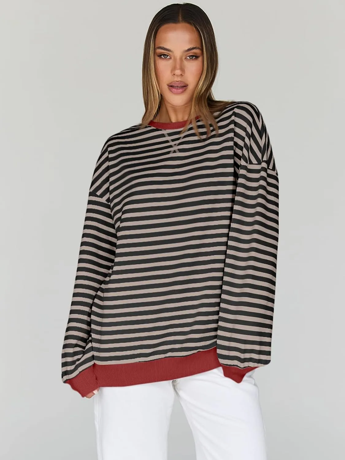 Trendy Queen Oversized Sweatshirt for Women 2025 Summer Crewneck Striped Long Sleeve Shirts Hoodies Cute Top Y2K Outfits