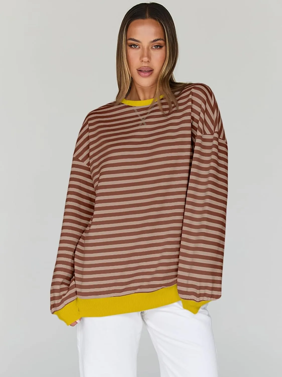 Trendy Queen Oversized Sweatshirt for Women 2025 Summer Crewneck Striped Long Sleeve Shirts Hoodies Cute Top Y2K Outfits
