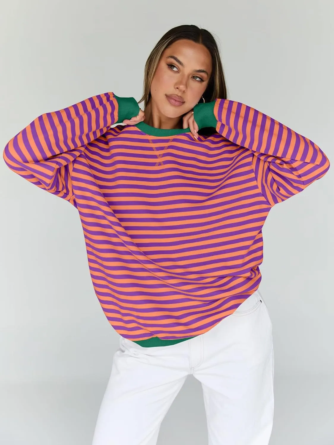 Trendy Queen Oversized Sweatshirt for Women 2025 Summer Crewneck Striped Long Sleeve Shirts Hoodies Cute Top Y2K Outfits