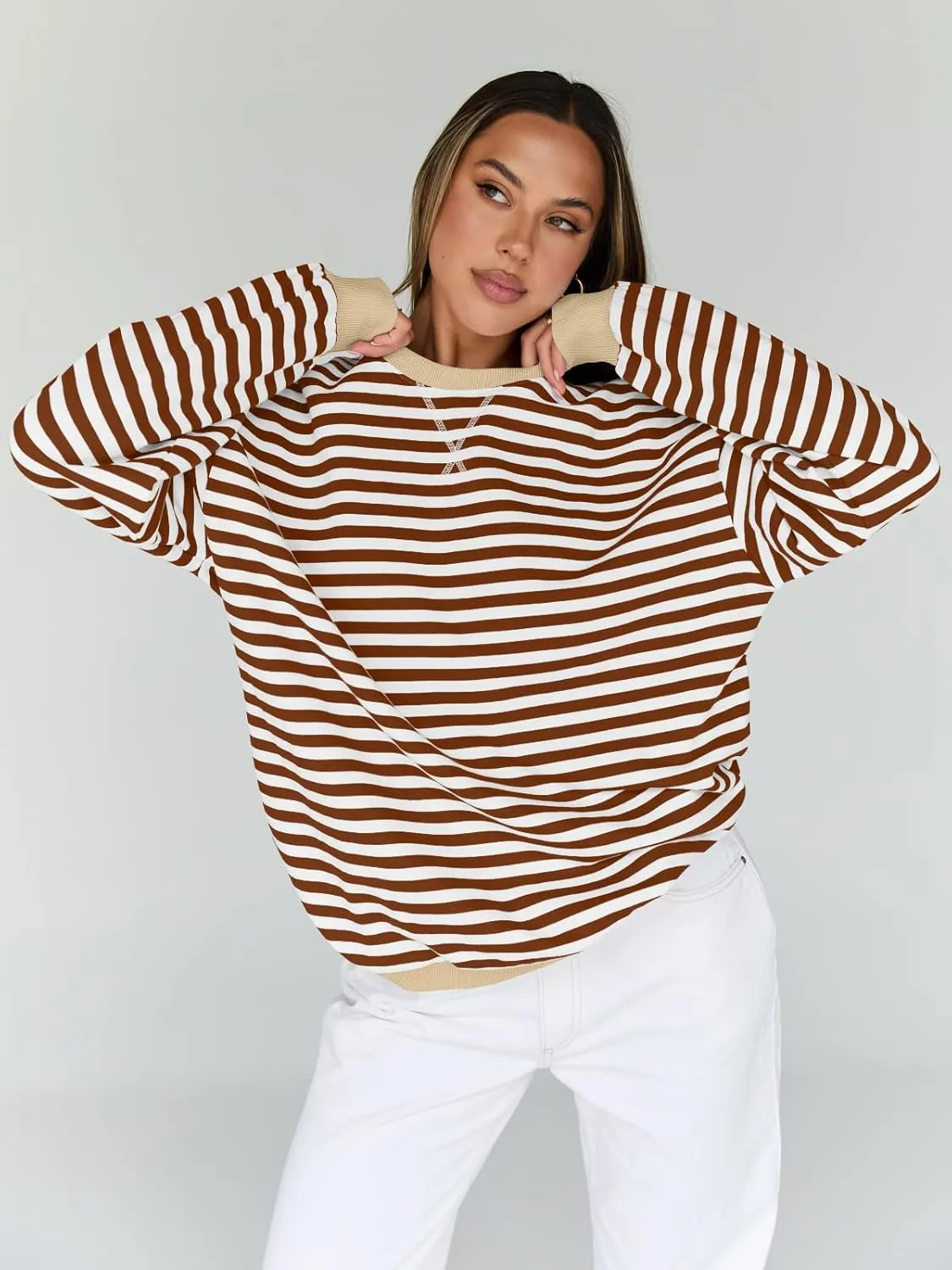 Trendy Queen Oversized Sweatshirt for Women 2025 Summer Crewneck Striped Long Sleeve Shirts Hoodies Cute Top Y2K Outfits