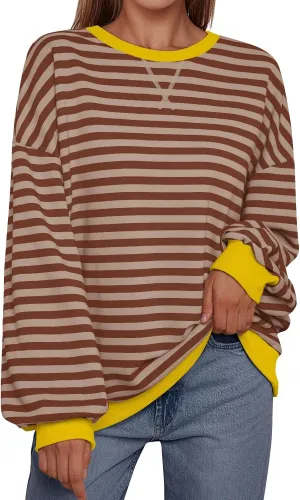 Trendy Queen Oversized Sweatshirt for Women 2025 Summer Crewneck Striped Long Sleeve Shirts Hoodies Cute Top Y2K Outfits