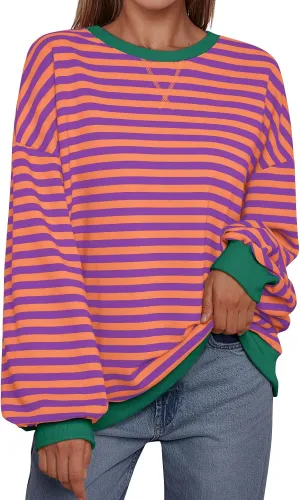 Trendy Queen Oversized Sweatshirt for Women 2025 Summer Crewneck Striped Long Sleeve Shirts Hoodies Cute Top Y2K Outfits