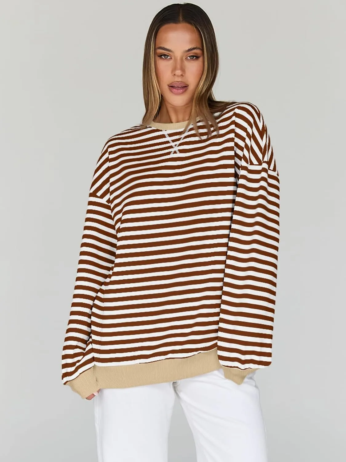 Trendy Queen Oversized Sweatshirt for Women 2025 Summer Crewneck Striped Long Sleeve Shirts Hoodies Cute Top Y2K Outfits
