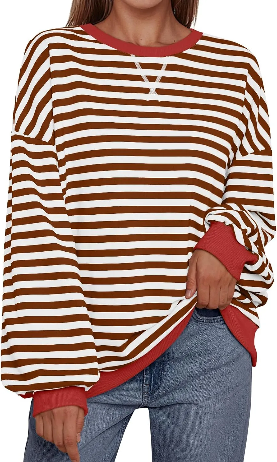 Trendy Queen Oversized Sweatshirt for Women 2025 Summer Crewneck Striped Long Sleeve Shirts Hoodies Cute Top Y2K Outfits