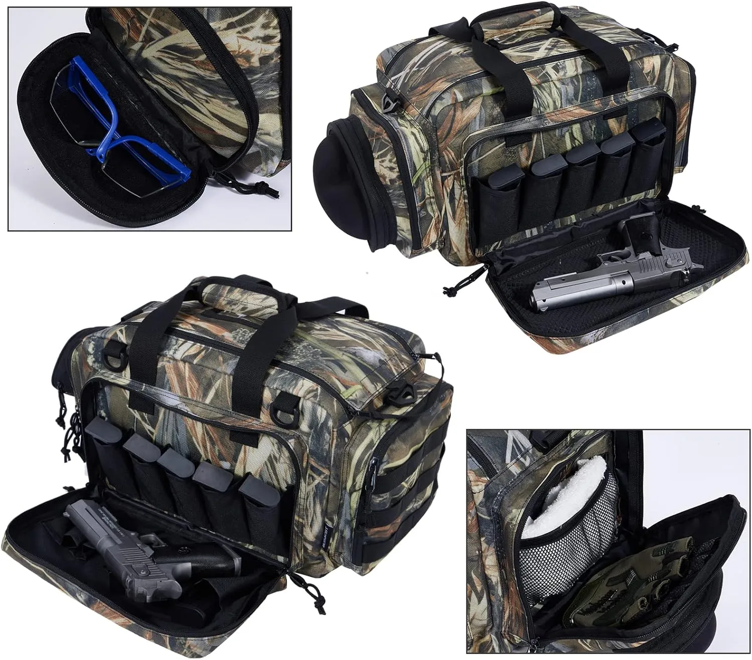 TRO&HOM Tactical Gun Bag for 4 Handguns - Pistol Shooting Range Bag With 15X Magazine Slots & Pockets for Ammo & Essentials - Padded Hunting & Sport Bag