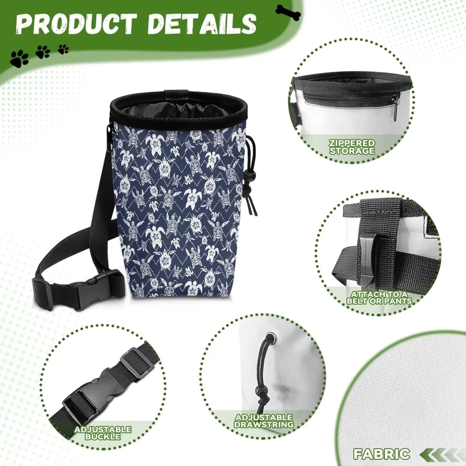 Turtle Print Treat Pouches for Pets Easily Carries Dog Training Treat Bag with Waist Belt Shoulder Strap Dog Treat Bag for Pet Training Walking