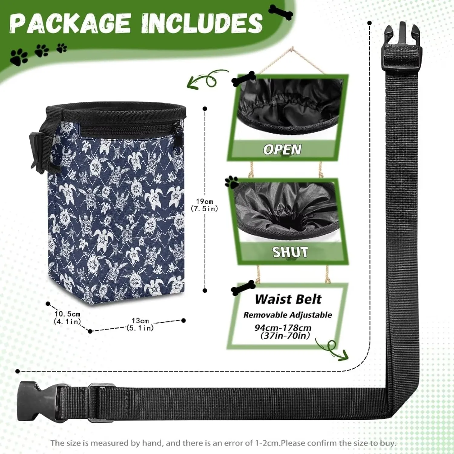 Turtle Print Treat Pouches for Pets Easily Carries Dog Training Treat Bag with Waist Belt Shoulder Strap Dog Treat Bag for Pet Training Walking
