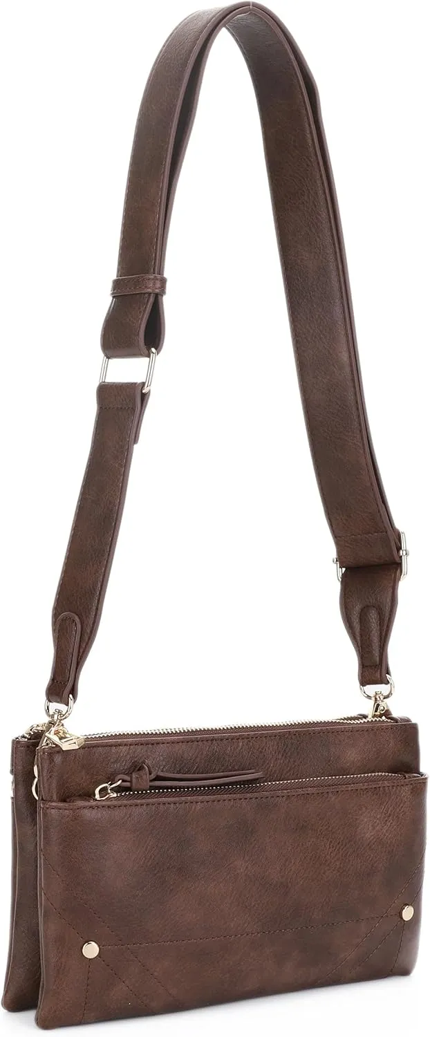 Two-Tone Multi-Compartment Crossbody Bag with Adjustable Detachable Strap, Gold Hardware, and Stitched Detailing