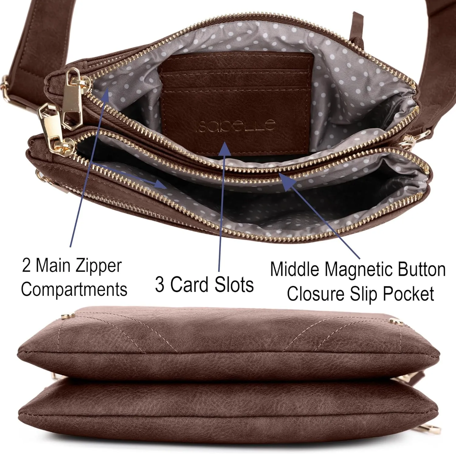 Two-Tone Multi-Compartment Crossbody Bag with Adjustable Detachable Strap, Gold Hardware, and Stitched Detailing