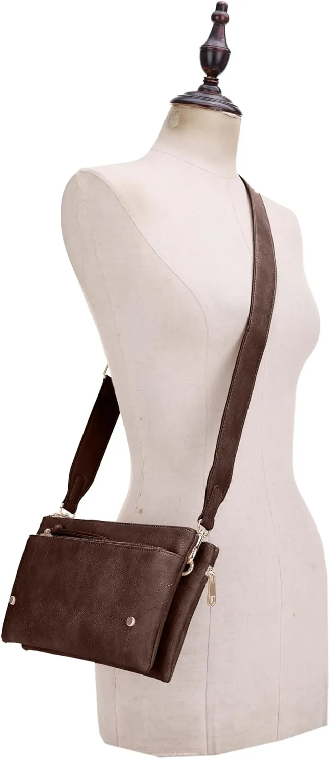 Two-Tone Multi-Compartment Crossbody Bag with Adjustable Detachable Strap, Gold Hardware, and Stitched Detailing