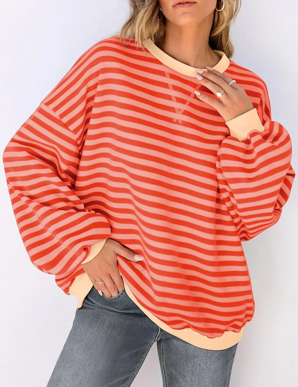 UEU Women Oversized Striped Crewneck Sweatshirt Long Sleeve Color Block Pullover Tops Casual Loose Workout Shirt