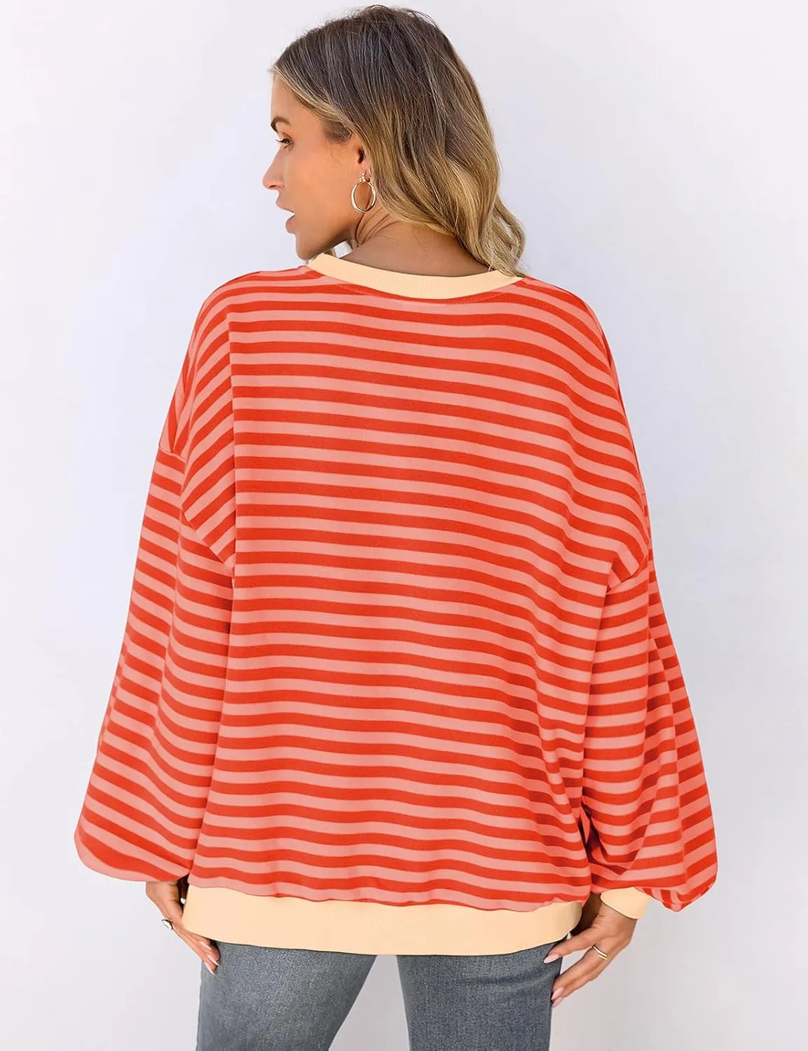 UEU Women Oversized Striped Crewneck Sweatshirt Long Sleeve Color Block Pullover Tops Casual Loose Workout Shirt