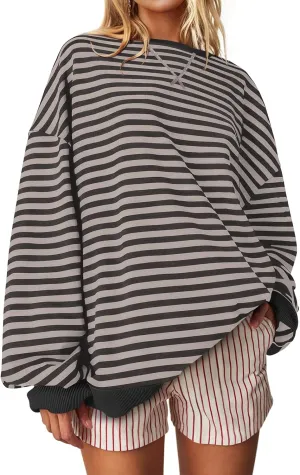 UEU Women Oversized Striped Crewneck Sweatshirt Long Sleeve Color Block Pullover Tops Casual Loose Workout Shirt