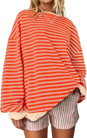 UEU Women Oversized Striped Crewneck Sweatshirt Long Sleeve Color Block Pullover Tops Casual Loose Workout Shirt