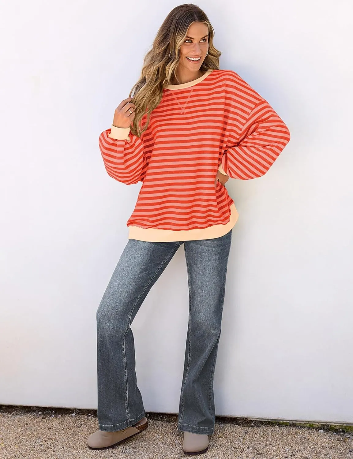 UEU Women Oversized Striped Crewneck Sweatshirt Long Sleeve Color Block Pullover Tops Casual Loose Workout Shirt