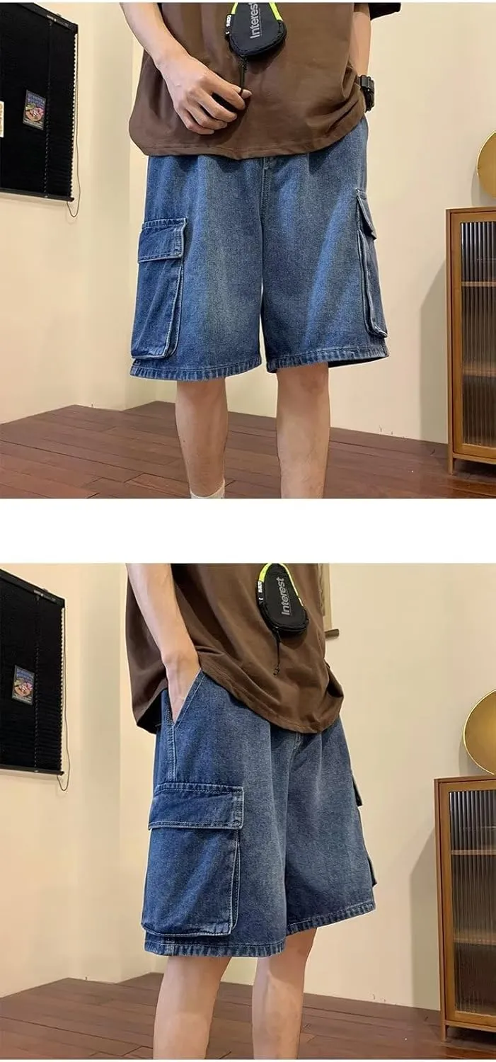 Unisex Y2K Baggy Jean Shorts Hip Hop Cargo Pants Shorts Loose Fit Denim Shorts Streetwear