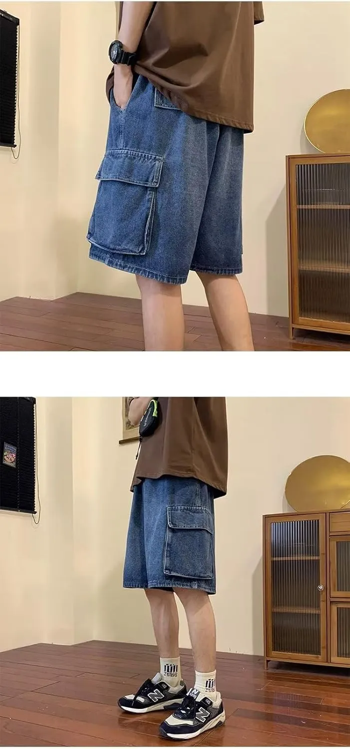 Unisex Y2K Baggy Jean Shorts Hip Hop Cargo Pants Shorts Loose Fit Denim Shorts Streetwear
