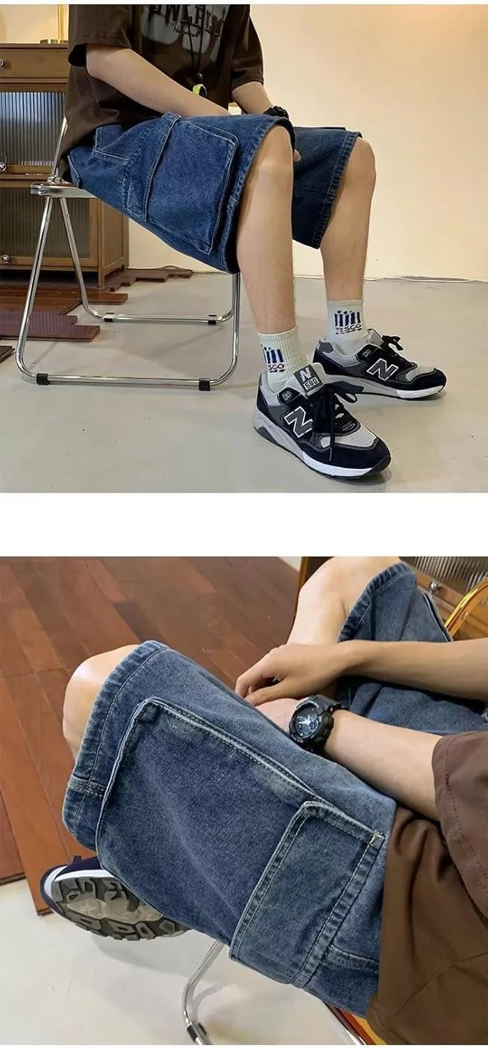 Unisex Y2K Baggy Jean Shorts Hip Hop Cargo Pants Shorts Loose Fit Denim Shorts Streetwear