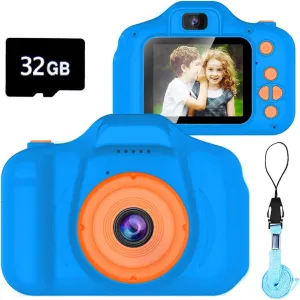 Upgrade Kids Selfie Camera, Christmas Birthday Gifts for Boys Age 3-9, HD Digital Video Cameras for Toddler, Portable Toy for 3 4 5 6 7 8 Year Old Boy with 32GB SD Card-Navy Blue