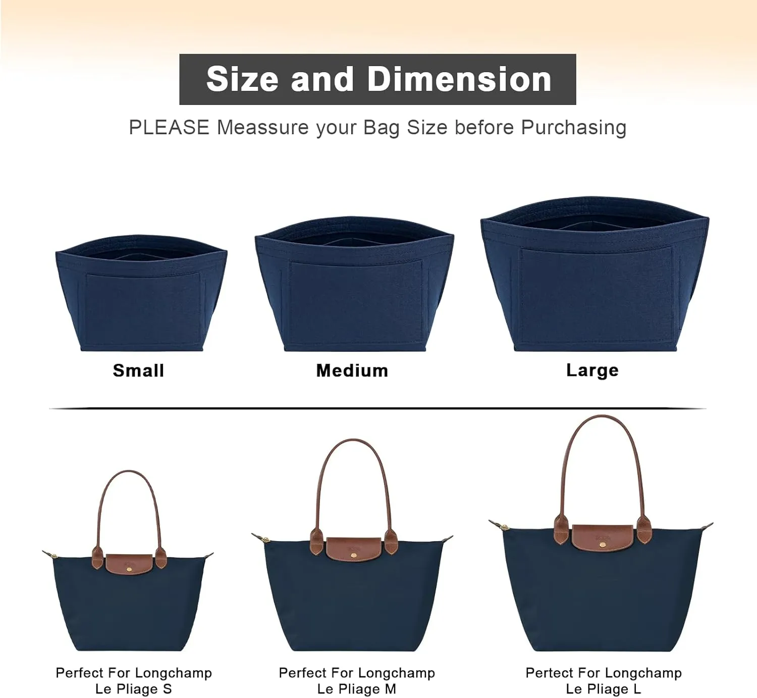 Upgraded Felt Organizer Insert for Longchamp Le Pliage L Handbag Insert (DarkBlue, Large)