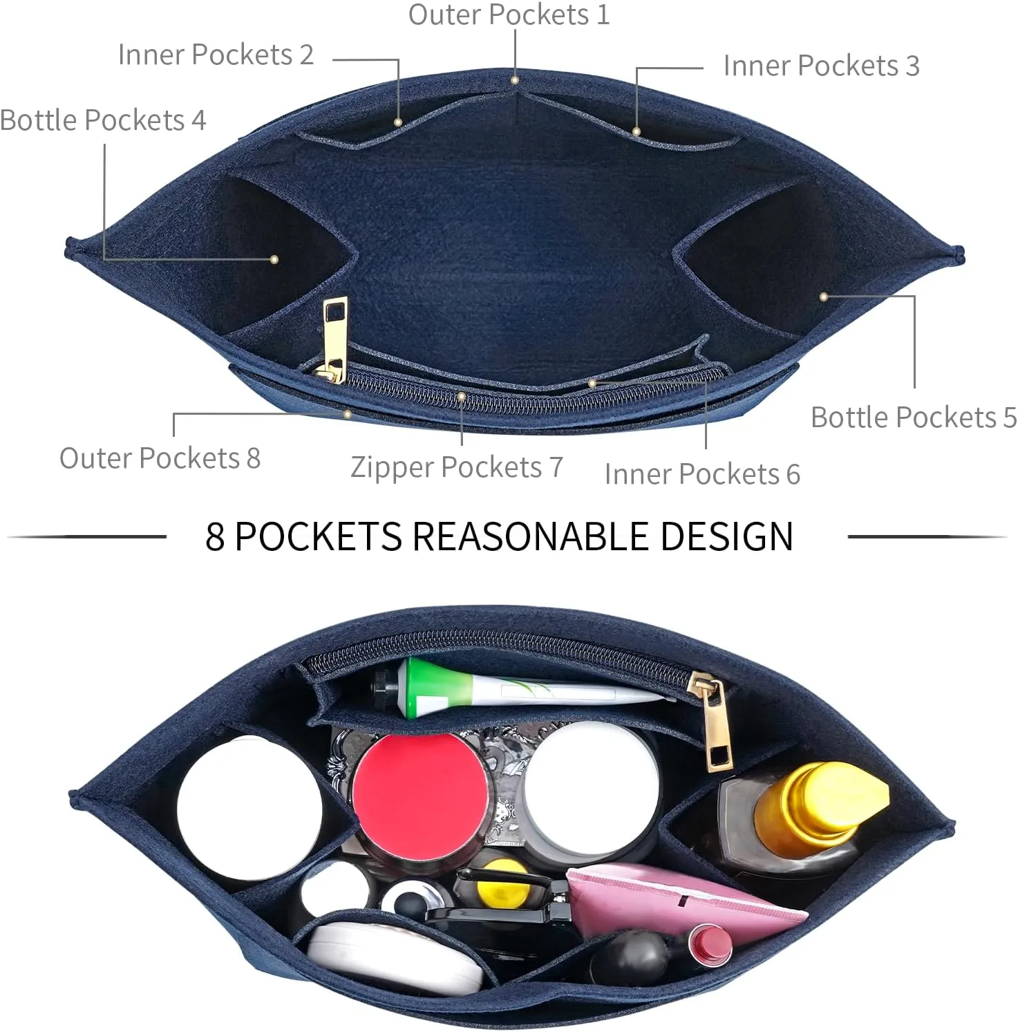 Upgraded Felt Organizer Insert for Longchamp Le Pliage L Handbag Insert (DarkBlue, Large)