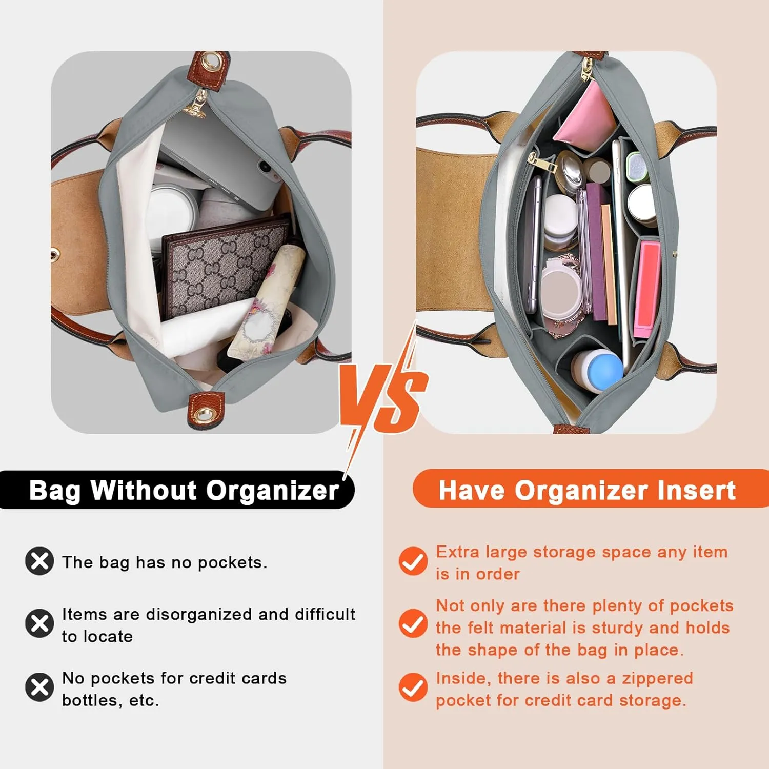 Upgraded Felt Organizer Insert for Longchamp Le Pliage L Handbag Insert (LightGrey, Large)