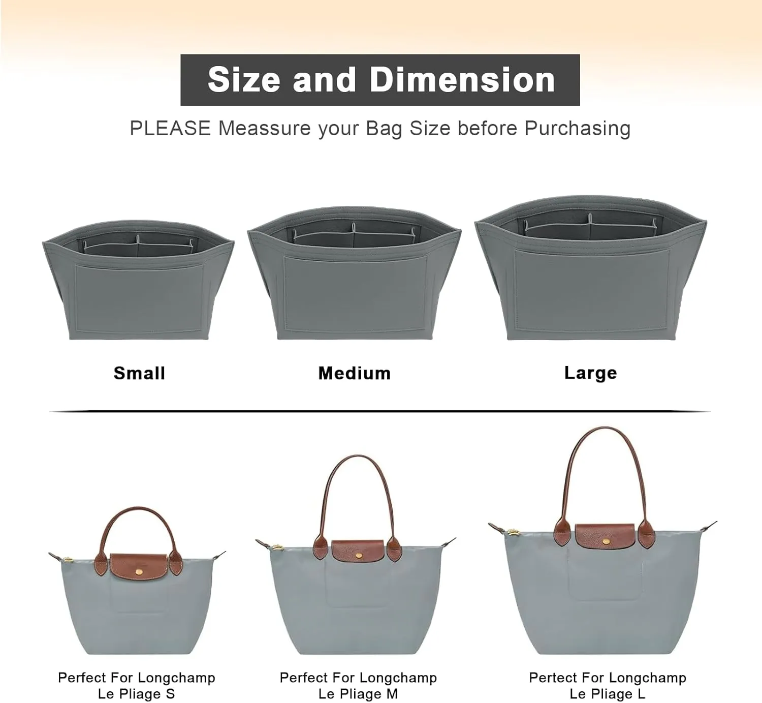 Upgraded Felt Organizer Insert for Longchamp Le Pliage L Handbag Insert (LightGrey, Large)