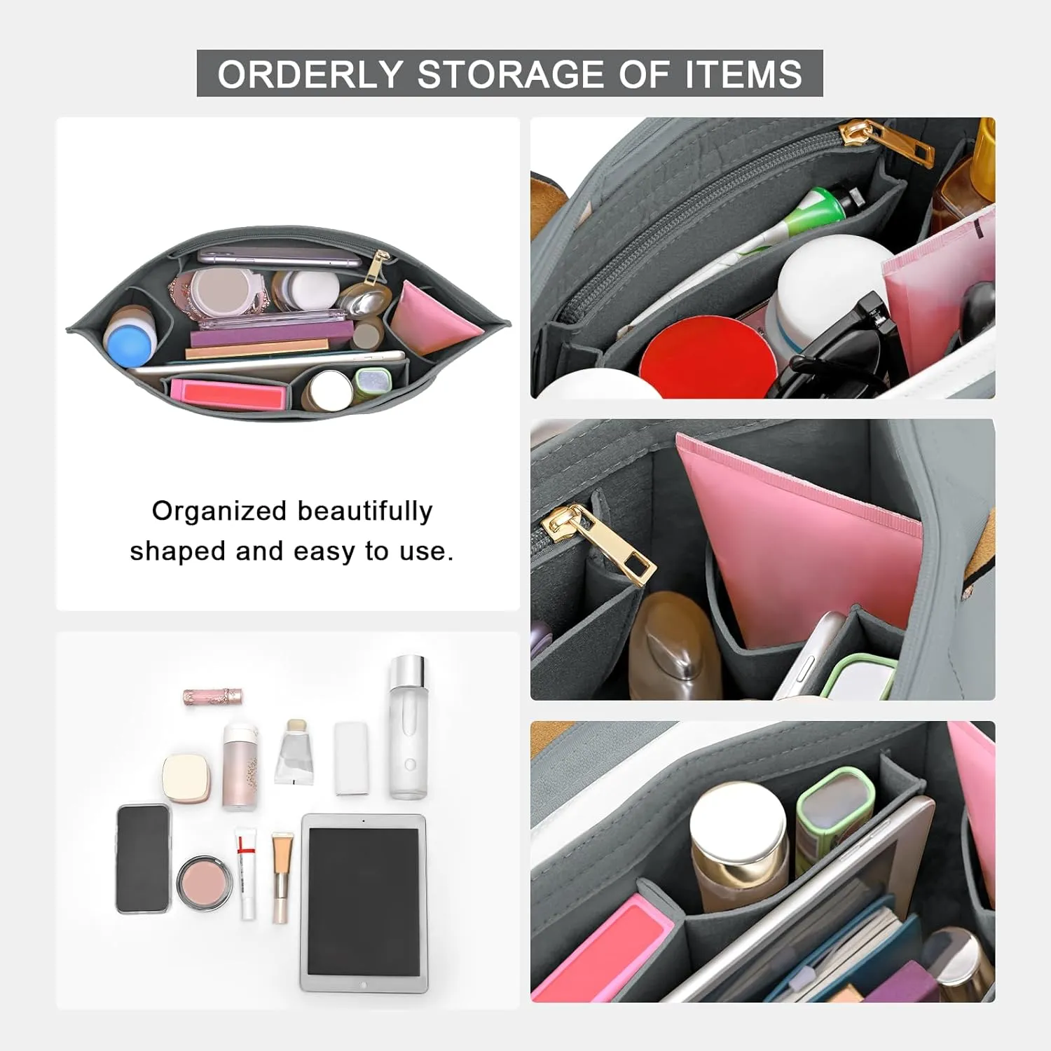 Upgraded Felt Organizer Insert for Longchamp Le Pliage L Handbag Insert (LightGrey, Large)