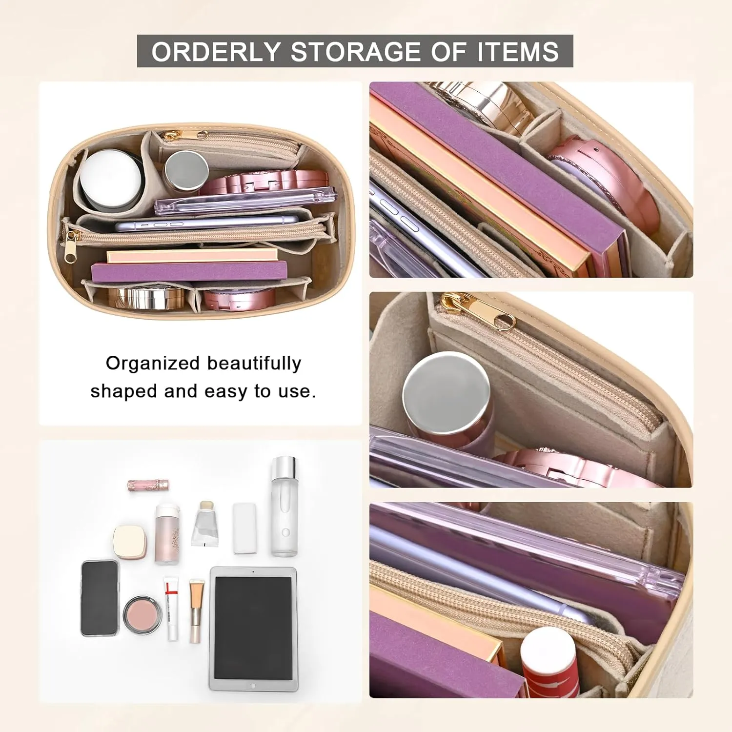 Upgraded Felt Purse Organizer Insert with Zipper Bag for Speedy 25 Neverful PM Handbag Insert (Beige, Medium)