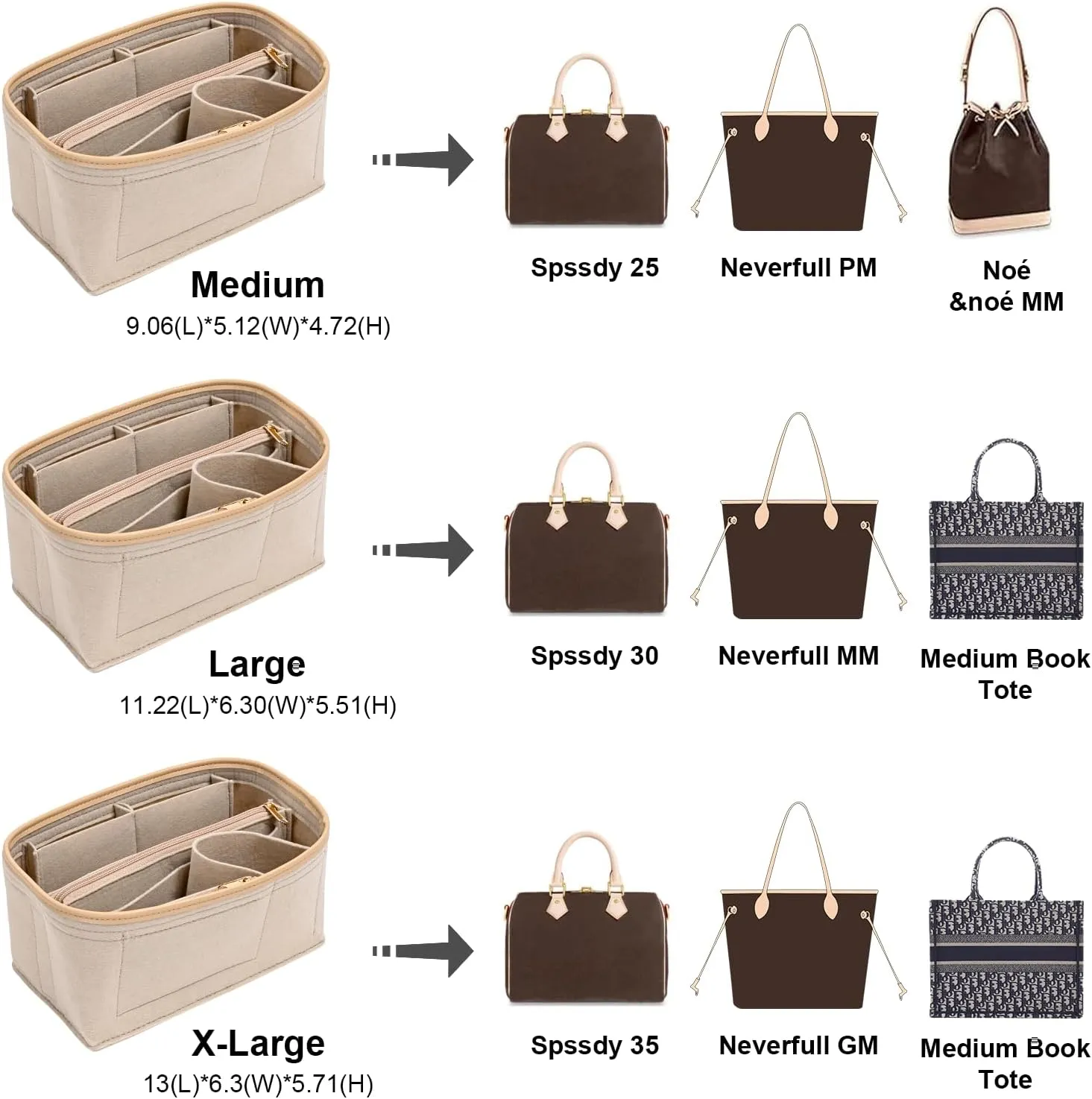 Upgraded Felt Purse Organizer Insert with Zipper Bag for Speedy 25 Neverful PM Handbag Insert (Beige, Medium)