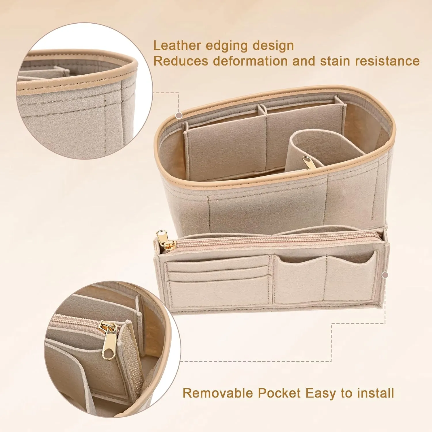 Upgraded Felt Purse Organizer Insert with Zipper Bag for Speedy 25 Neverful PM Handbag Insert (Beige, Medium)