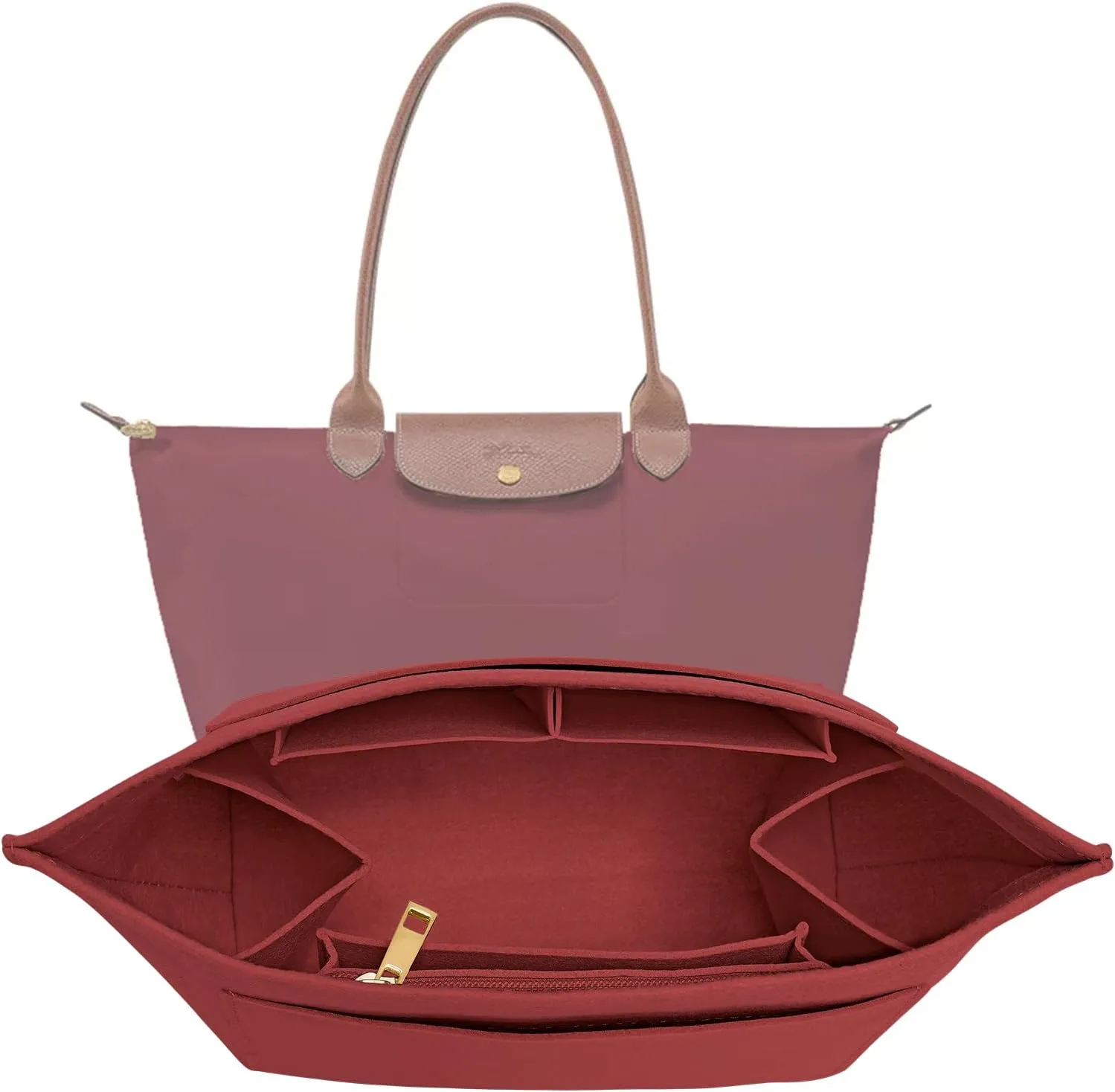 Upgraded Flet Organizer Insert for Longchamp Le Pliage M Handbag Insert (BurGundy, Medium)
