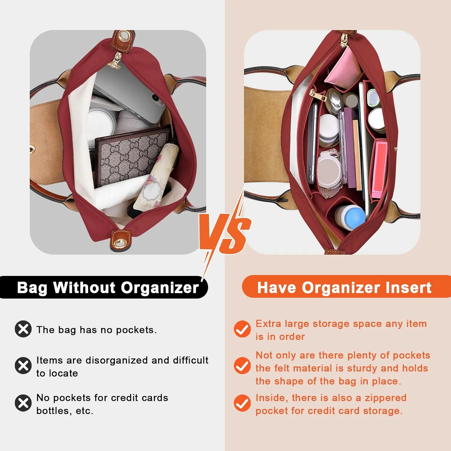 Upgraded Flet Organizer Insert for Longchamp Le Pliage M Handbag Insert (BurGundy, Medium)