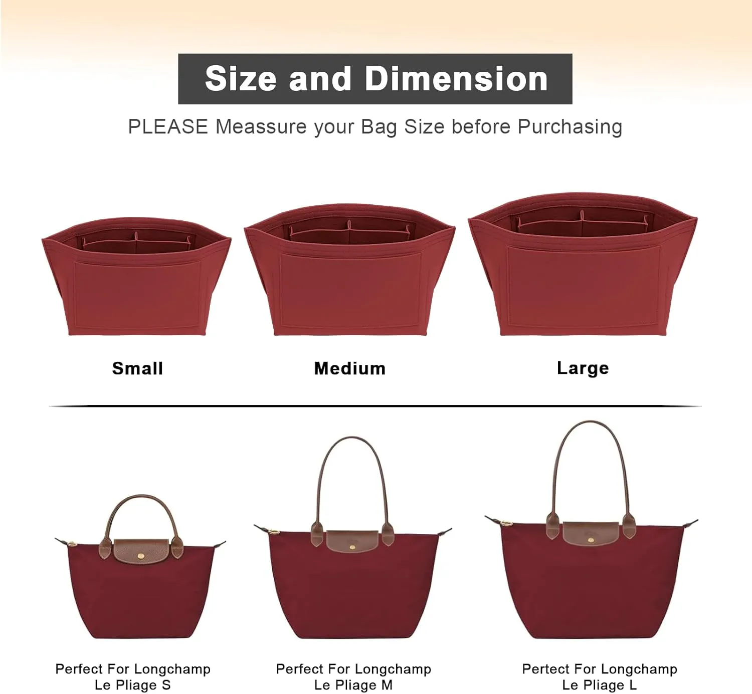 Upgraded Flet Organizer Insert for Longchamp Le Pliage M Handbag Insert (BurGundy, Medium)
